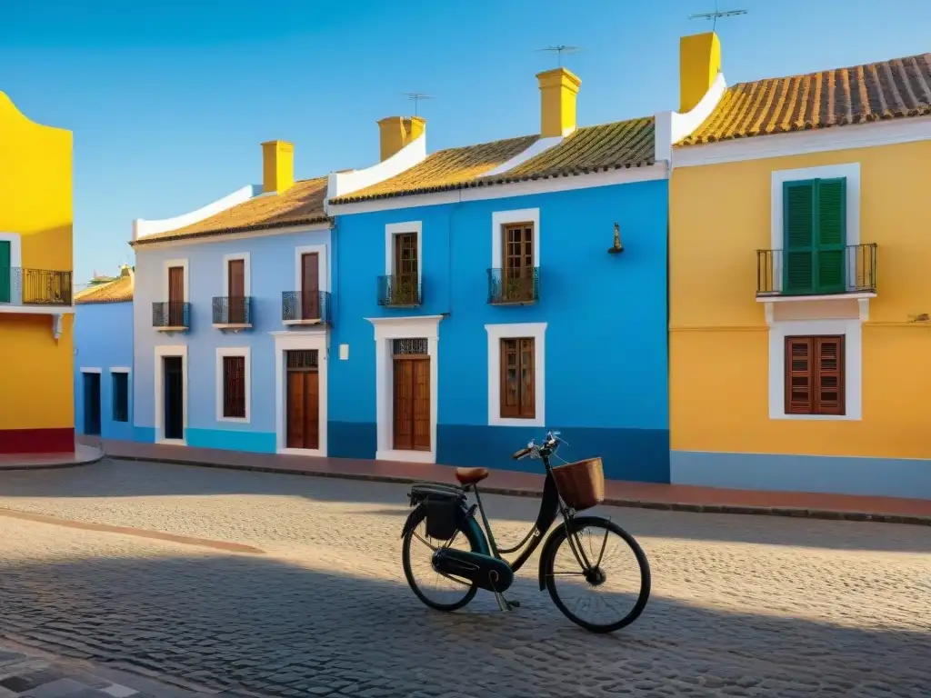 Un pintoresco amanecer en el Barrio Histórico Colonia Sacramento: calles empedradas, edificios coloniales y una bicicleta solitaria