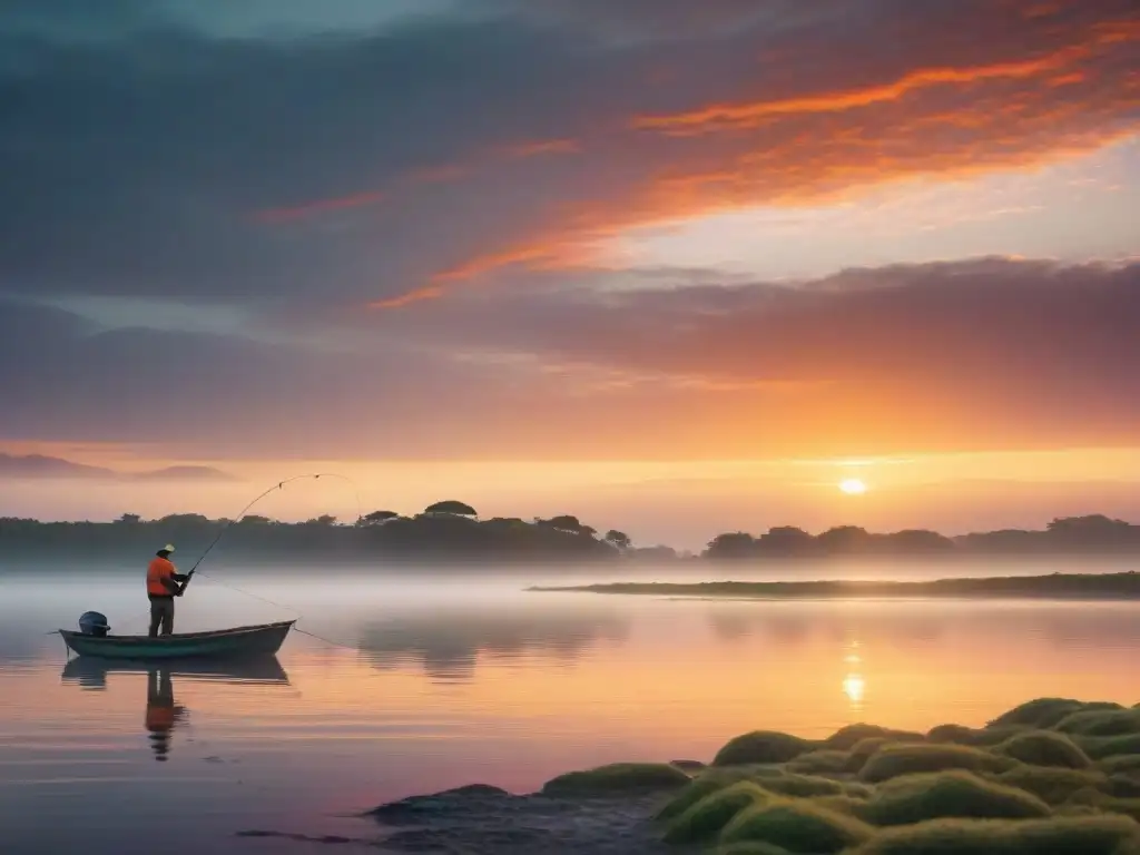 Pintoresco amanecer en Laguna Garzón, Uruguay, con pescador desde orilla