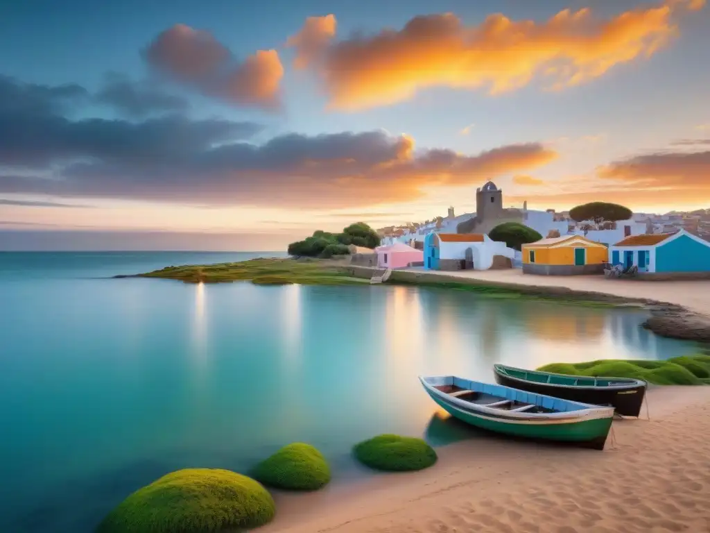 Pintoresco amanecer sobre pueblos pesqueros en Rocha, Uruguay, con pescadores y botes coloridos en la playa