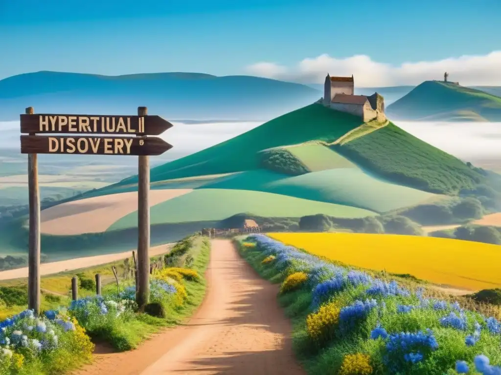 Un pintoresco paisaje campestre en Uruguay con colinas verdes, flores silvestres y un cielo azul