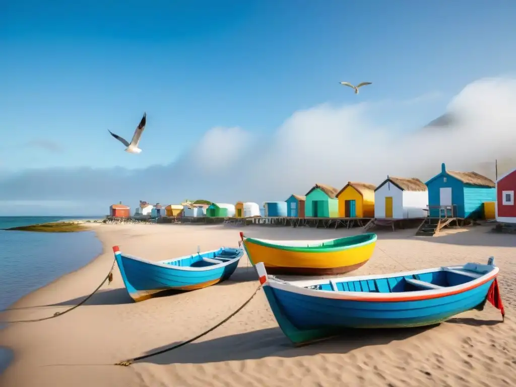 Pintoresco pueblo costero en Uruguay con barcos pesqueros tradicionales, casas coloridas y prácticas de pesca sostenible