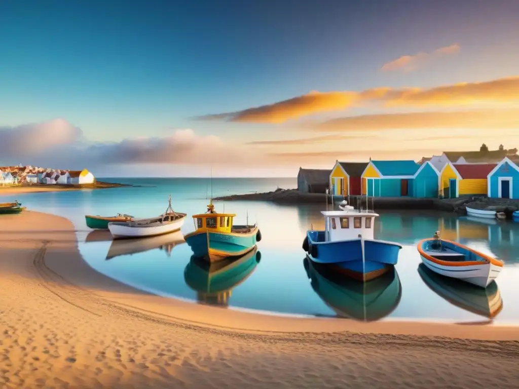 Pintoresco pueblo pesquero en Rocha, Uruguay: botes coloridos en aguas cristalinas, pescadores y cabañas pastel en la costa