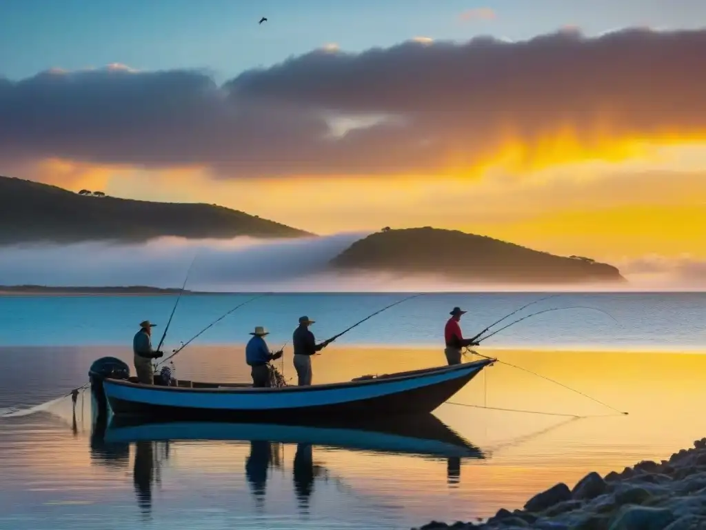 Pintura detallada y vibrante del atardecer en Laguna Garzón, con pescadores en barcas tradicionales