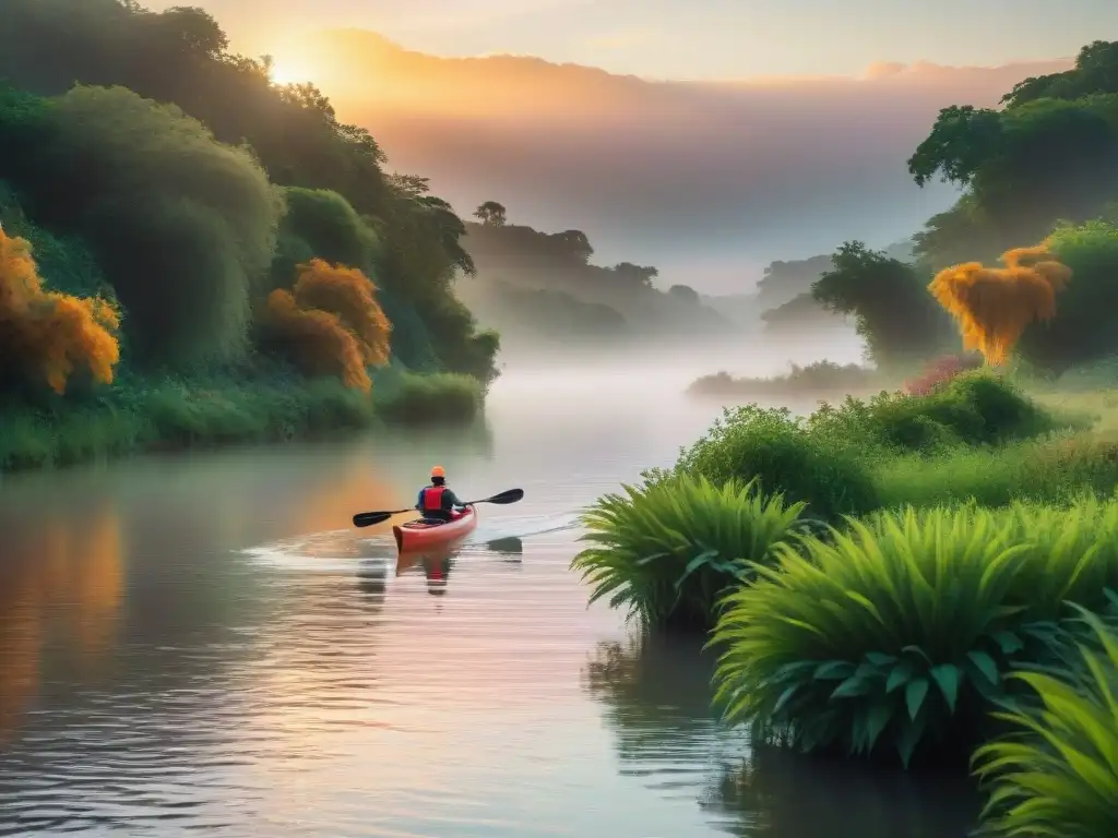 Pintura en kayak Río de la Plata al atardecer, reflejando un paisaje sereno y colorido en las aguas tranquilas