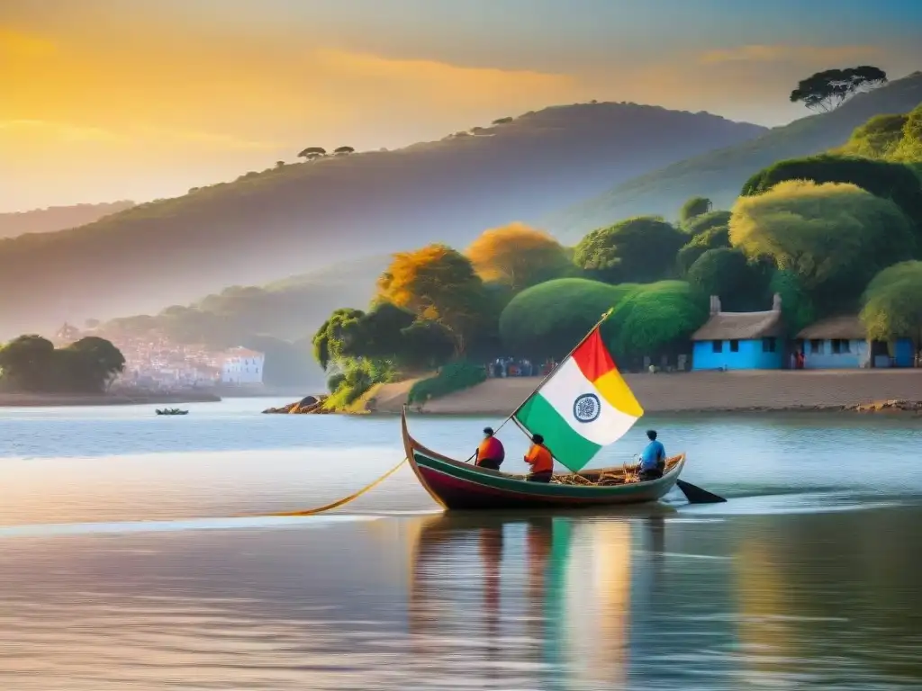 Pintura de vida en torno al Río: Bote pesquero uruguayo en aguas doradas al atardecer, con banderas coloridas ondeando