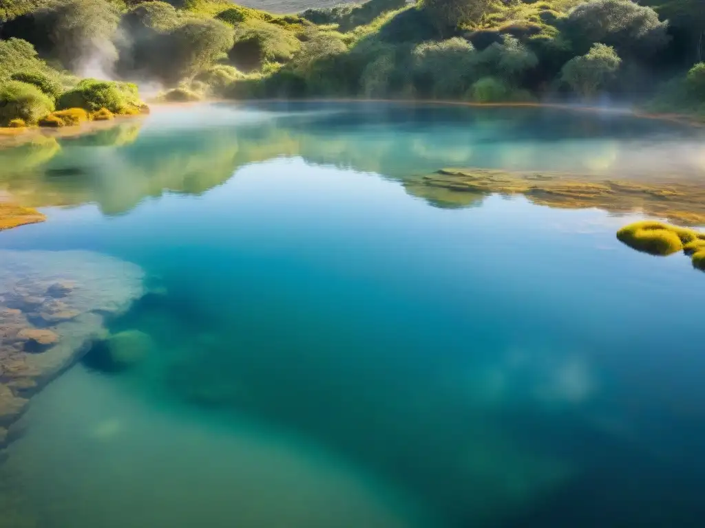 Una piscina termal natural en Uruguay con propiedades curativas, rodeada de exuberante vegetación y agua cristalina