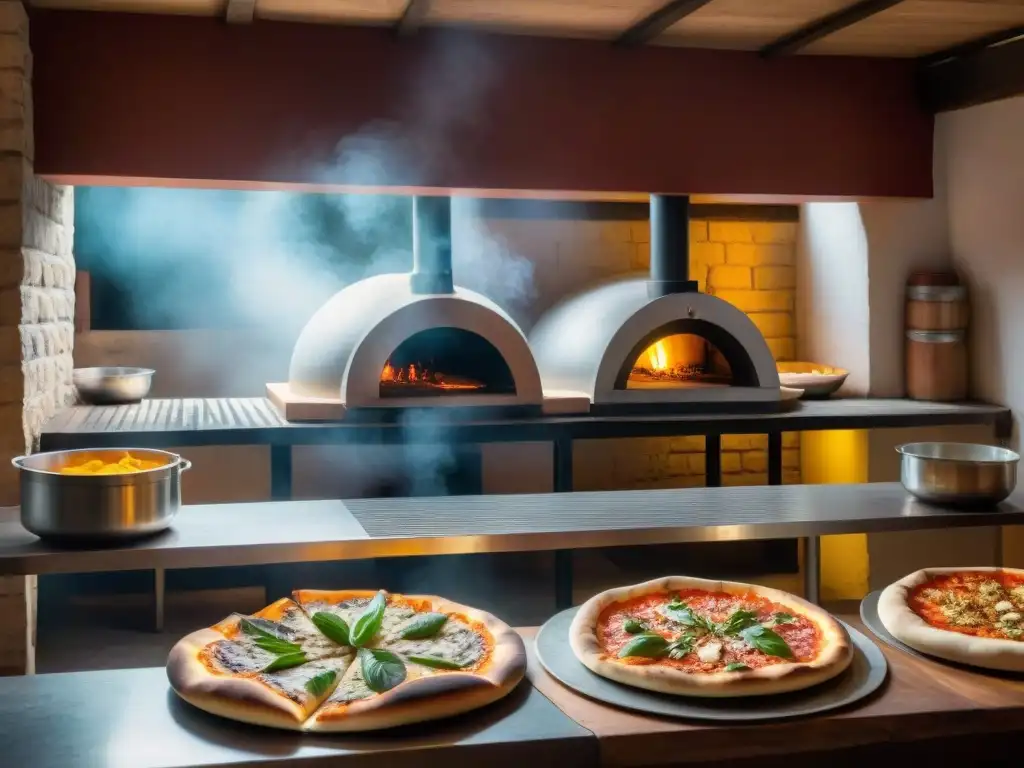 Una pizzería tradicional uruguaya con pizza y fainá, chefs expertos y clientes disfrutando en mesas de madera