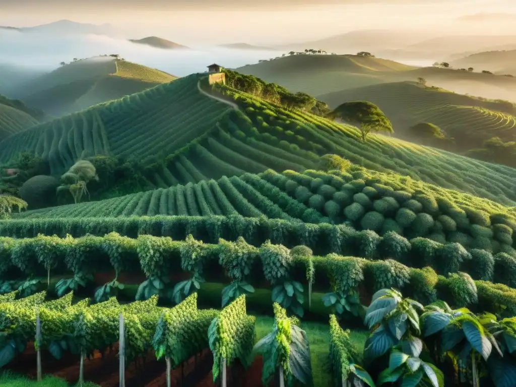 Plantaciones de café en Uruguay al amanecer, con neblina matutina y montañas al fondo