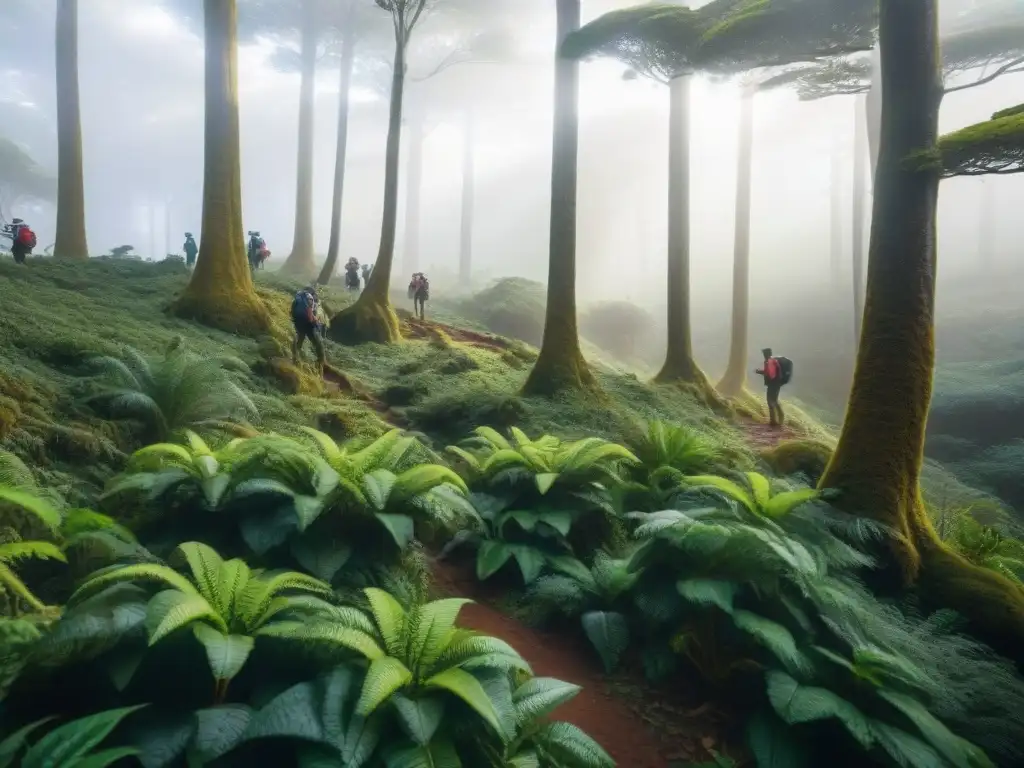 Un guía muestra plantas a un grupo en un bosque de Uruguay