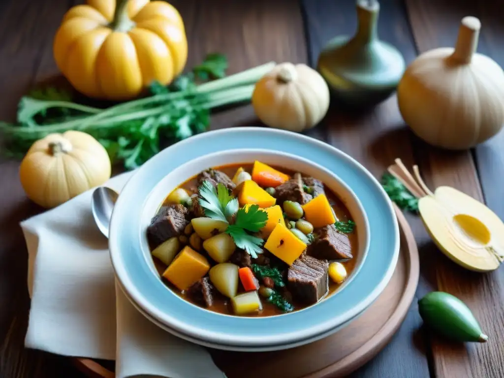 Plato típico de Uruguay en invierno: cazuela humeante con carne tierna y verduras en mesa rústica