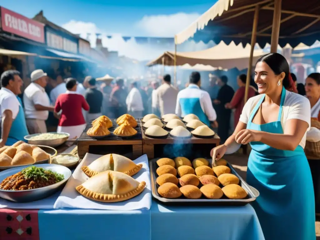 Platos típicos festividades Uruguay: Mercado callejero vibrante con comida tradicional uruguaya y ambiente festivo