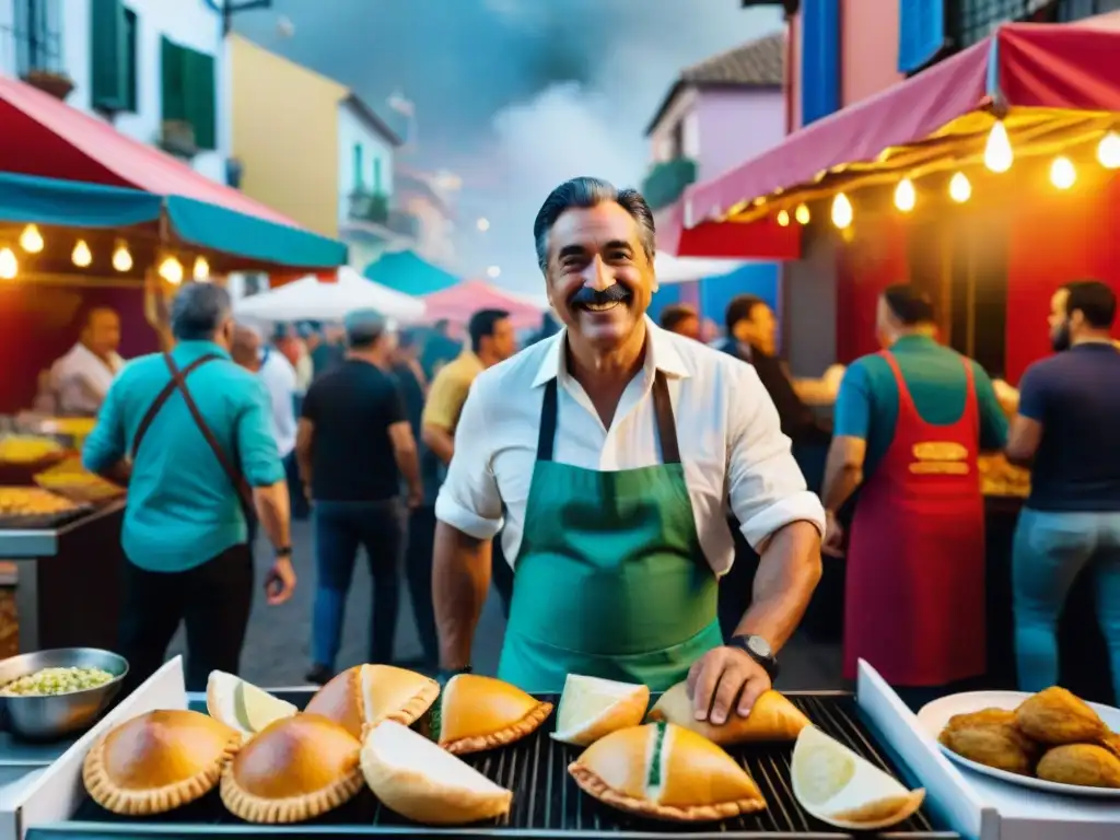 Platos típicos festividades Uruguay: Vendedor callejero en carnaval, chivitos, empanadas y choripanes coloridos en parrilla, ambiente festivo