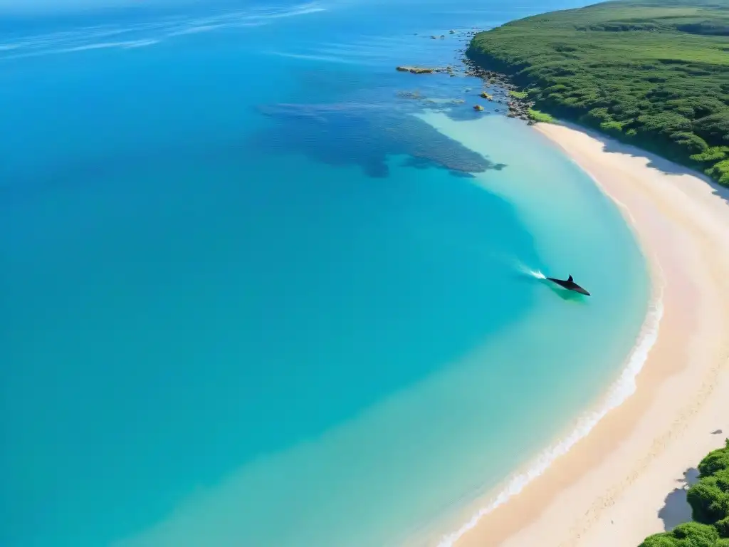 Playa virgen en Uruguay con aguas turquesas, delfines nadando y turismo acuático sostenible