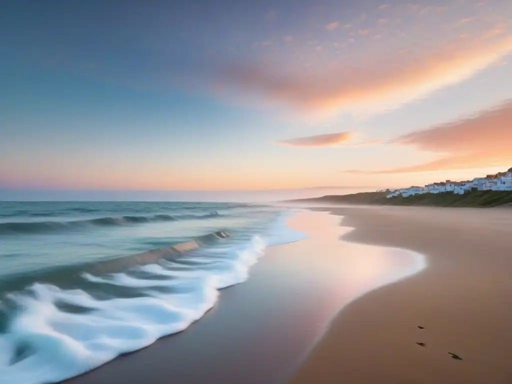 Fotografía de playa en Uruguay con arena dorada, olas suaves y una figura solitaria al atardecer