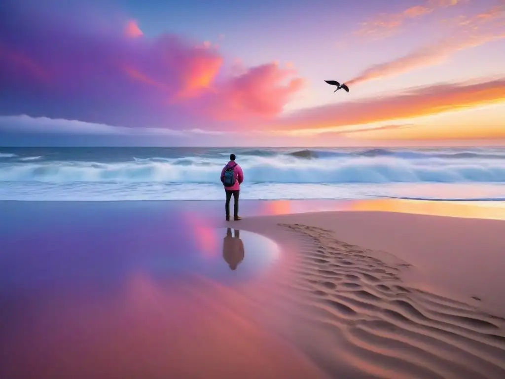 Fotografía de playa en Uruguay: Atardecer vibrante sobre el Océano Atlántico, cielo en tonos rosados, morados y naranjas, fotógrafo en la playa