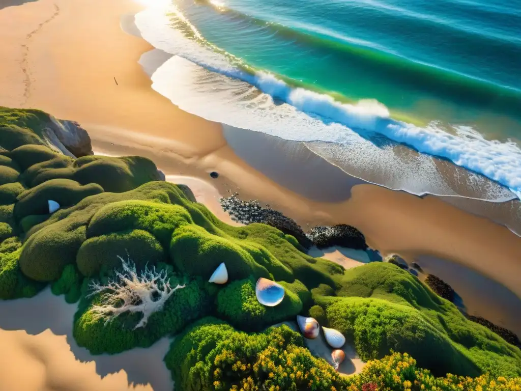 Playa virgen en Uruguay con biodiversidad marina y aves marinas al amanecer, conservacionistas