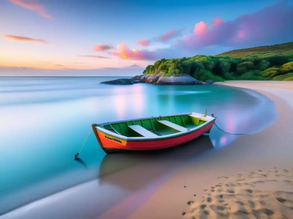 Un rincón secreto en Uruguay: playa escondida con aguas cristalinas, atardecer colorido y un bote solitario en la arena