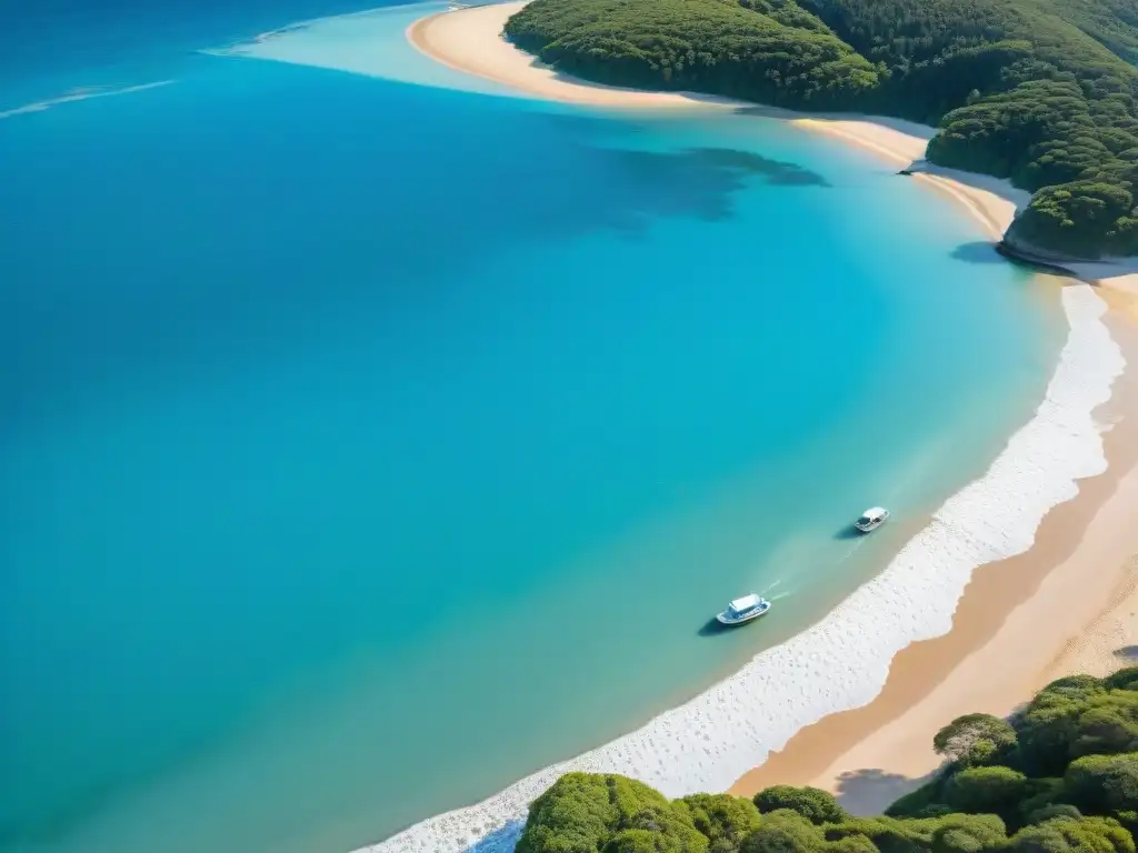 Playa escondida en Uruguay, aguas turquesas y arena dorada, bosque verde