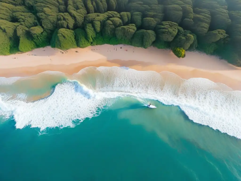 Playa escondida perfecta para surfear en Uruguay, aguas turquesas, arena dorada y naturaleza exuberante