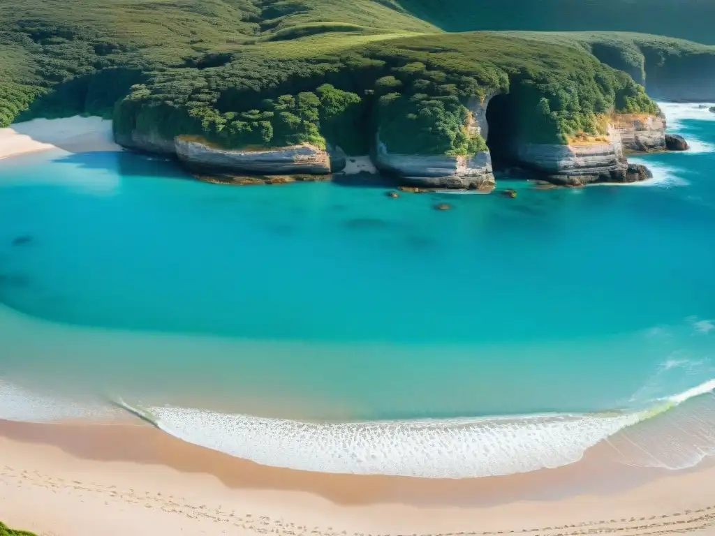 Paraíso sereno: Playa escondida en Uruguay Playa escondida en Uruguay: aguas turquesas, arena dorada y vegetación exuberante bajo cielo azul