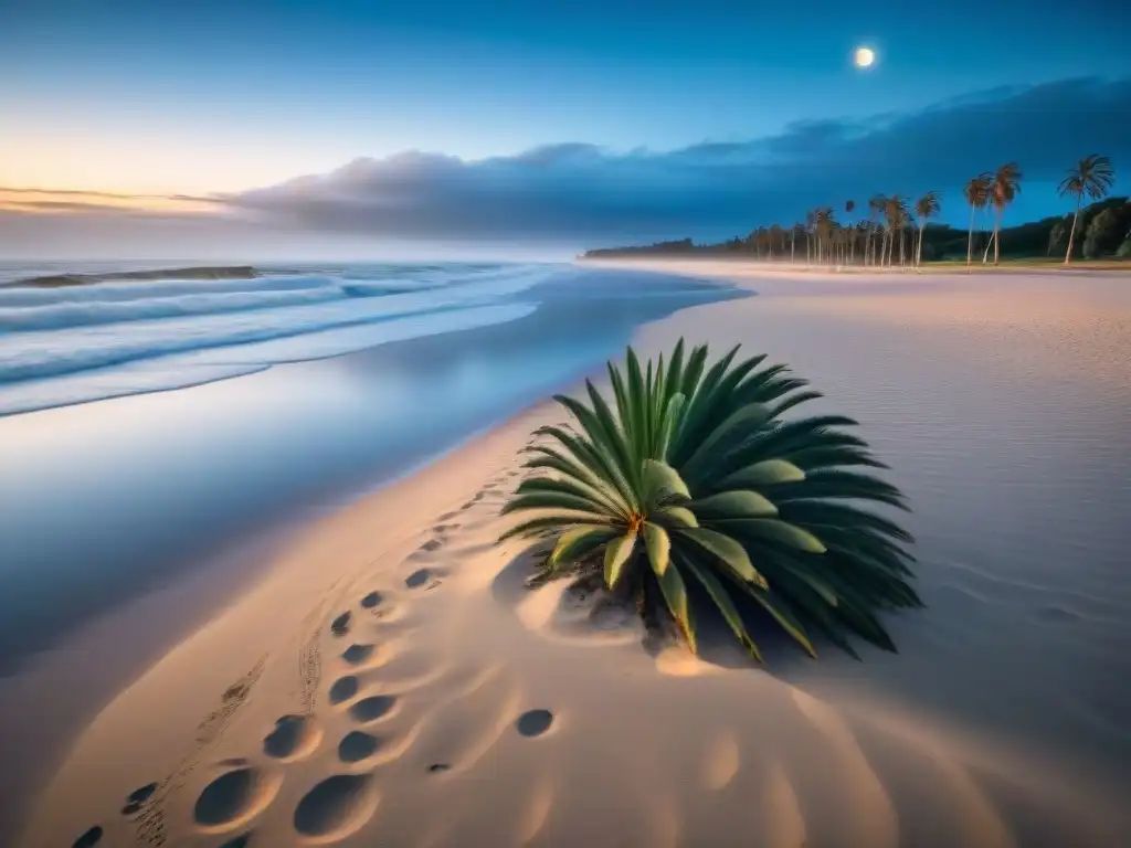 Playa uruguaya iluminada por la luna con surf nocturno en Uruguay, palmeras y sombras largas en la arena