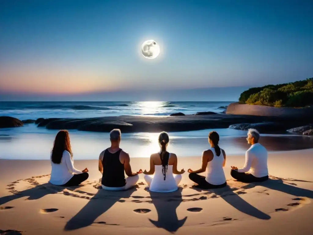 Meditación en playa de Uruguay bajo luna llena