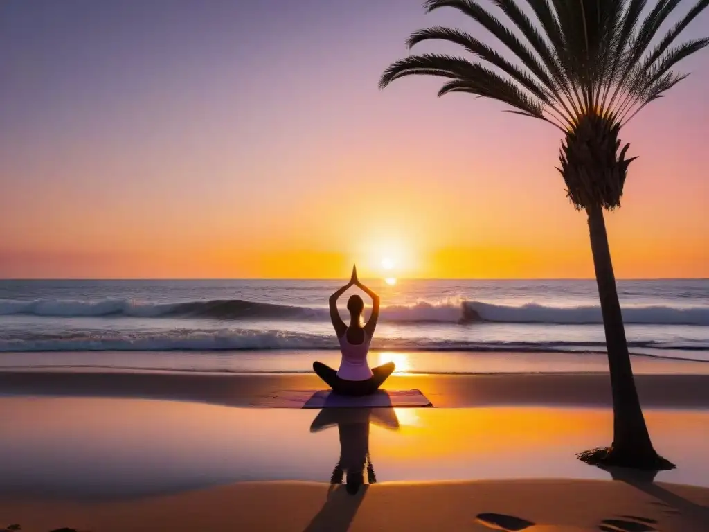 Una playa en Uruguay, con personas practicando yoga al atardecer, reflejando la paz y conexión con la naturaleza