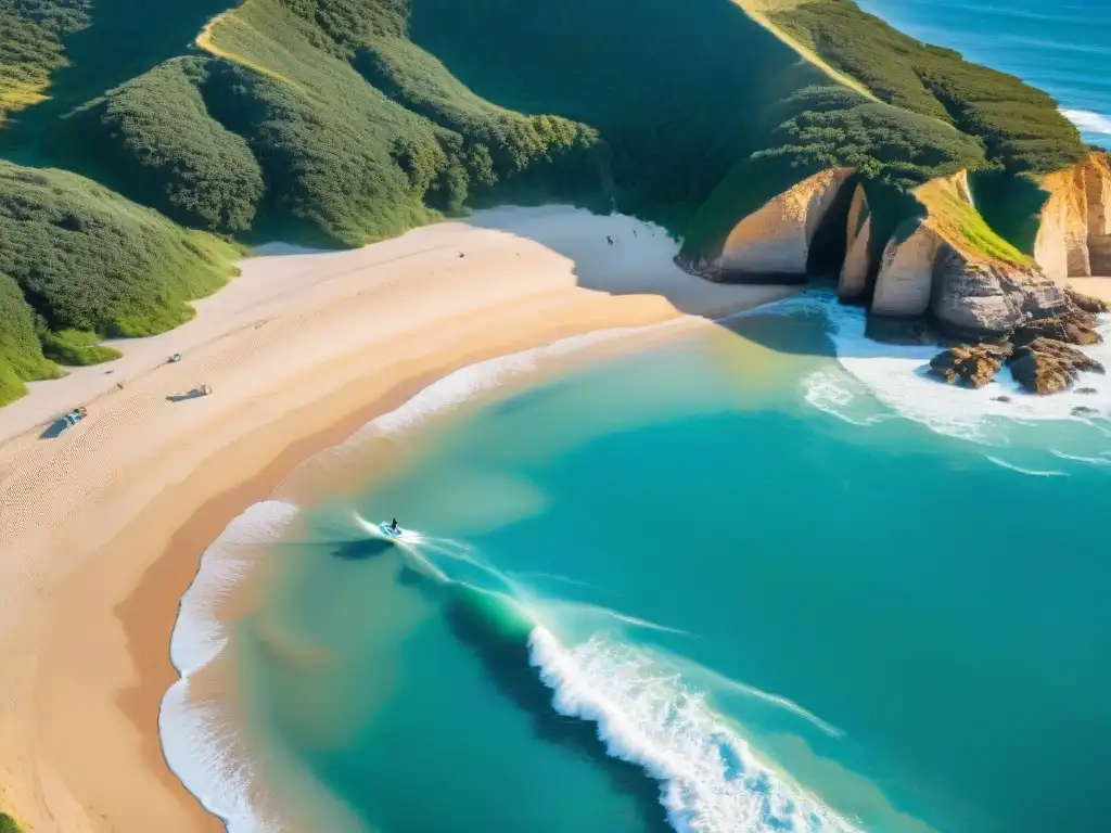 Playa secreta en Uruguay: aguas cristalinas, arena dorada y un surfista solitario