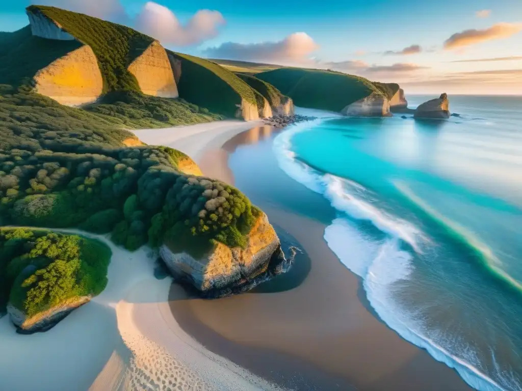 Playa secreta en Uruguay: aguas turquesas, acantilados verdes y atardecer colorido