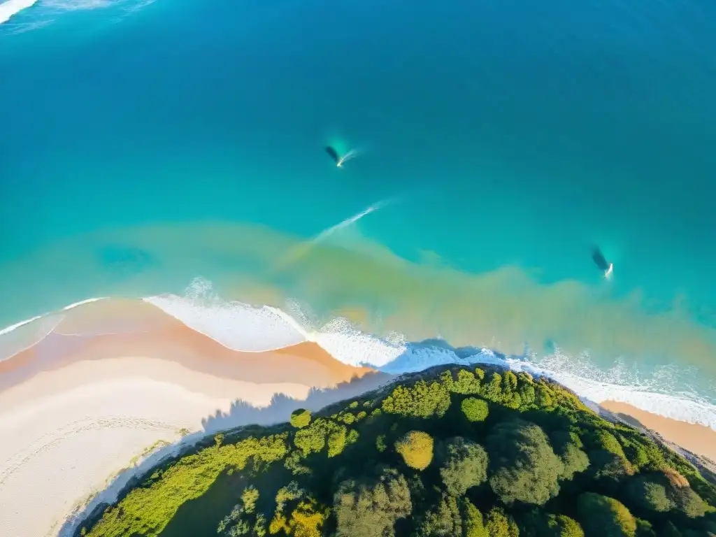 Playa secreta en Uruguay: surfistas surfeando olas mientras delfines nadan