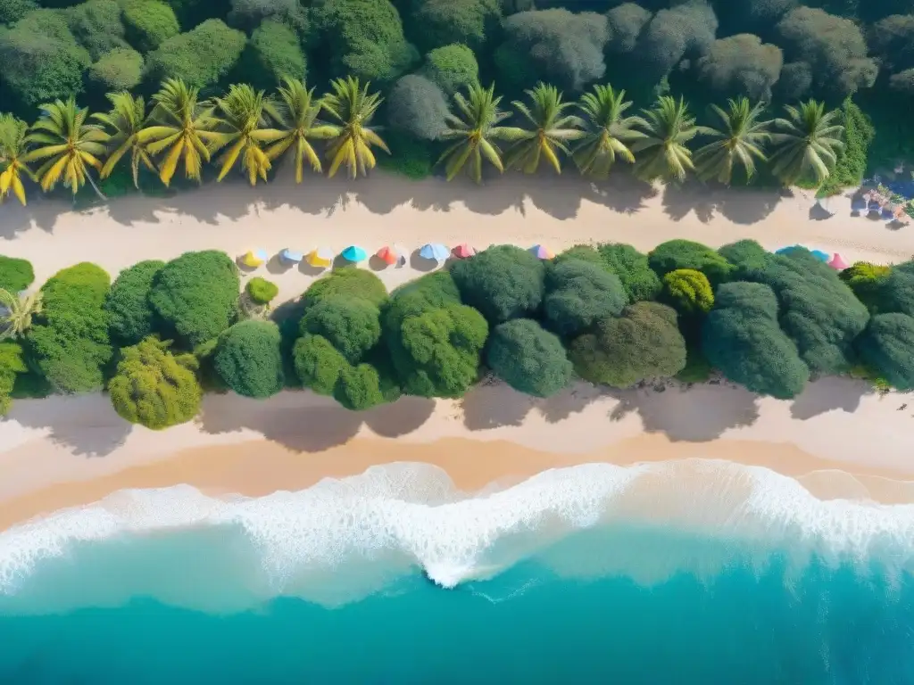 Playa serena en Uruguay con arena dorada, aguas turquesas, palmeras verdes y viajeros bajo sombrillas coloridas