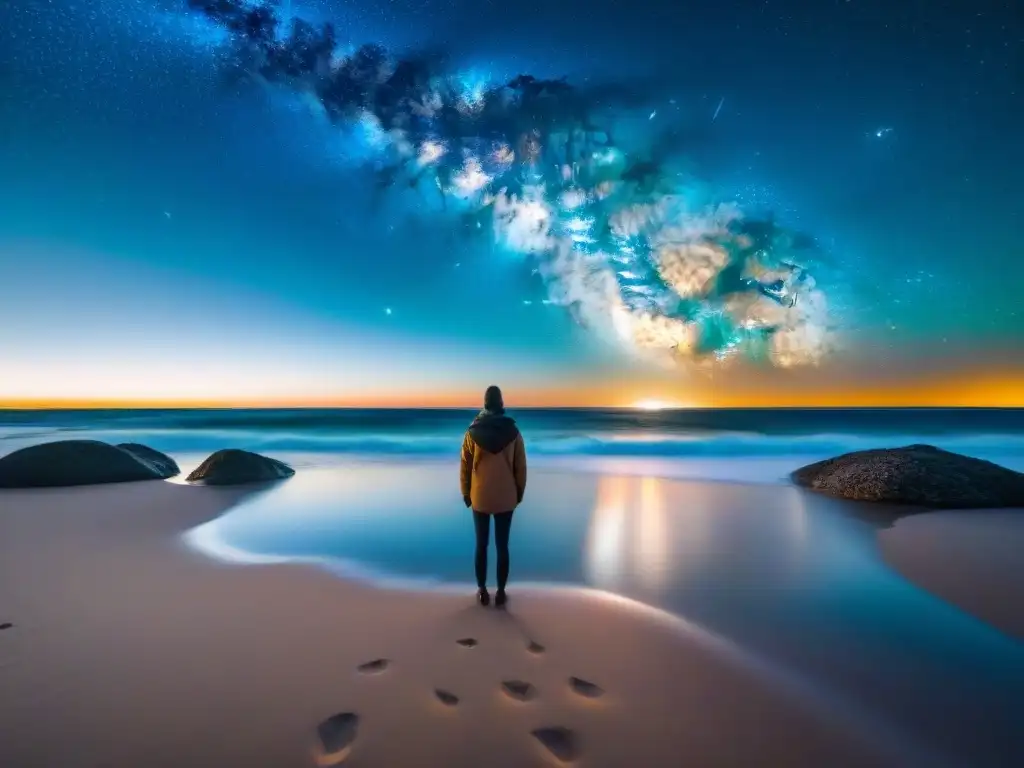 Playa serena en Uruguay bajo un cielo estrellado, con la Vía Láctea en el horizonte