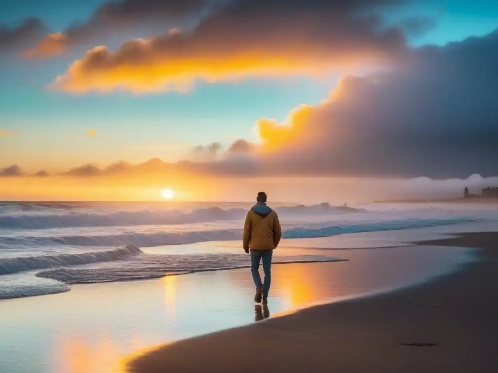 Fotografía de playa en Uruguay: Persona solitaria camina al atardecer, reflejos dorados en el mar y cielo pastel