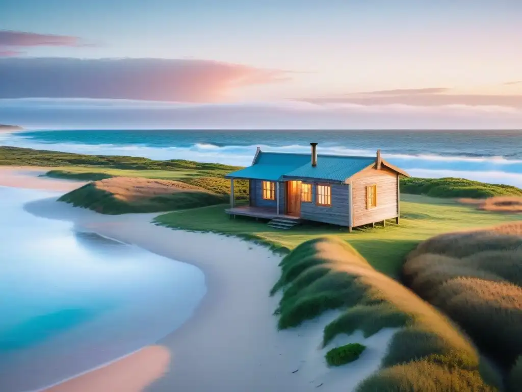 Playa virgen al amanecer, cabaña solitaria en dunas, reflejo de tranquilidad en cabañas aisladas en Uruguay