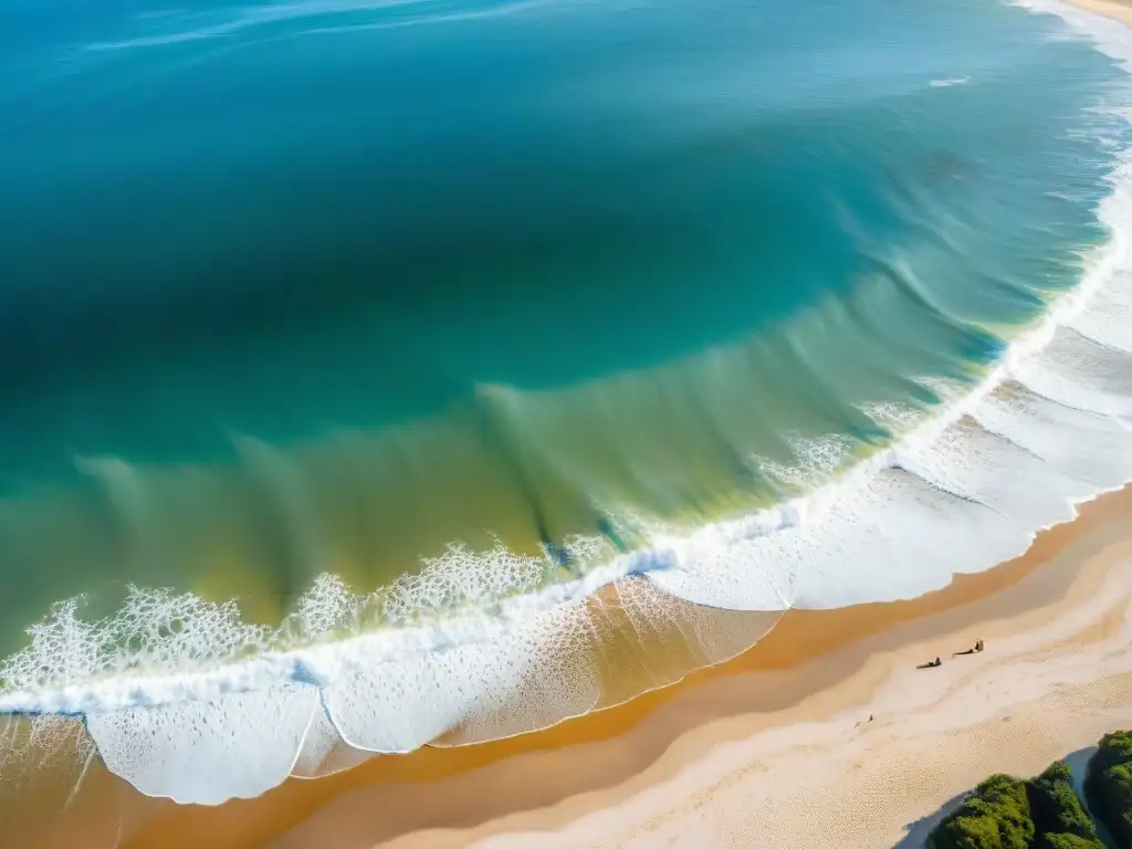 Playa virgen en Uruguay: surfista en armonía con delfines