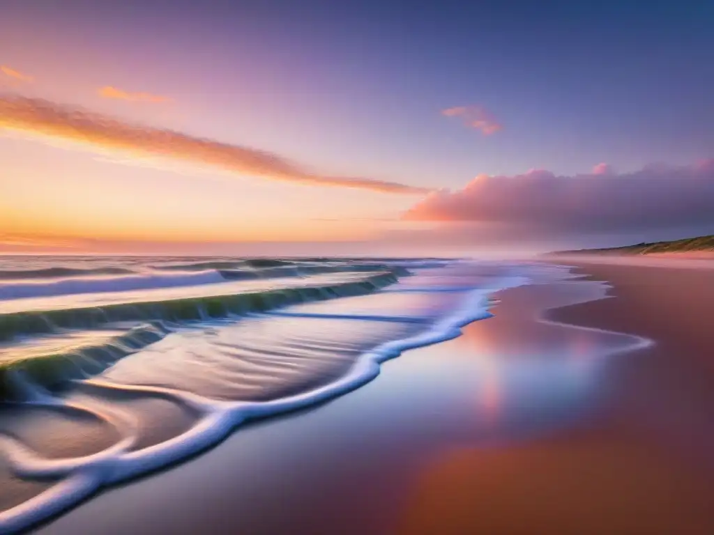 Fotografía de playa Uruguay al amanecer con tonos rosados y naranjas en el cielo, reflejándose en el mar tranquilo