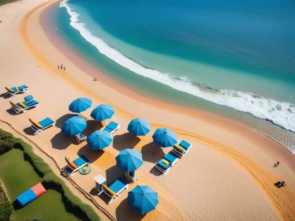 Playa vibrante en Uruguay con turistas usando dispositivos energía solar portátiles