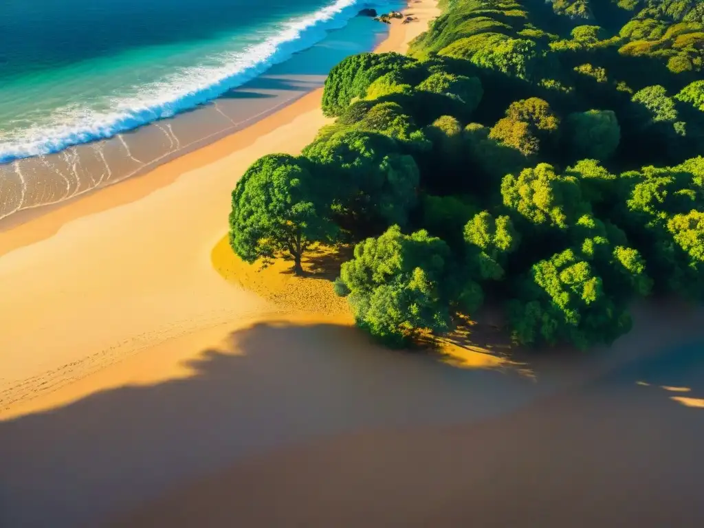 Playa escondida en Uruguay: danza de luces y sombras Fotografía de playas escondidas en Uruguay: la danza hipnotizante de la luz del sol filtrándose a través del dosel verde sobre la arena dorada