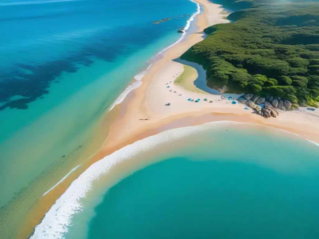 Playas secretas en Uruguay: vista aérea de playa escondida con aguas turquesas, arena dorada y vegetación exuberante