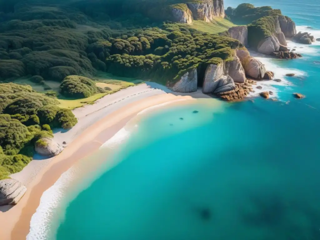 Playas secretas en Uruguay: arena dorada, aguas turquesas, vegetación exuberante y acantilados rocosos bajo el cálido sol