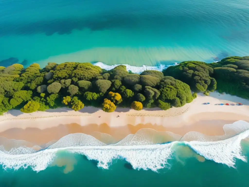 Playas secretas en Uruguay: surfistas disfrutando del mar turquesa en un entorno natural y sereno