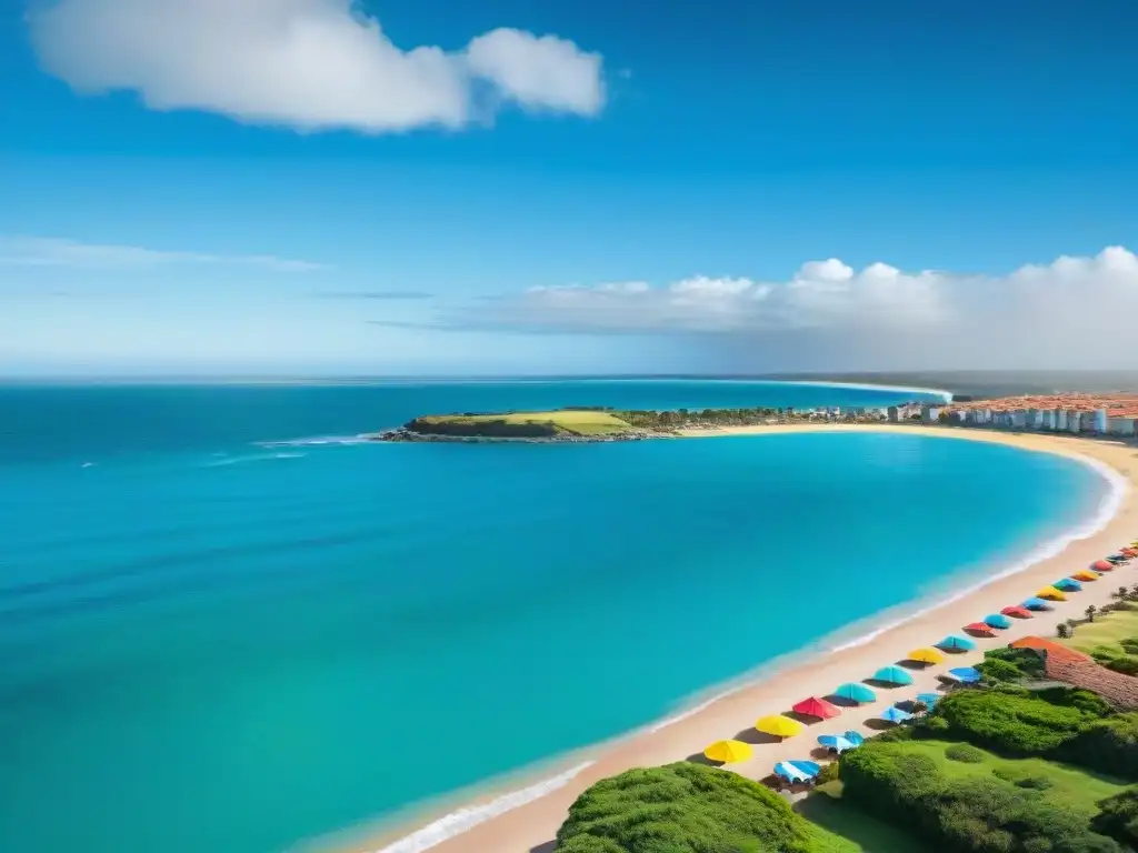 Playas de Uruguay con sombrillas, aguas turquesas y edificios coloridos