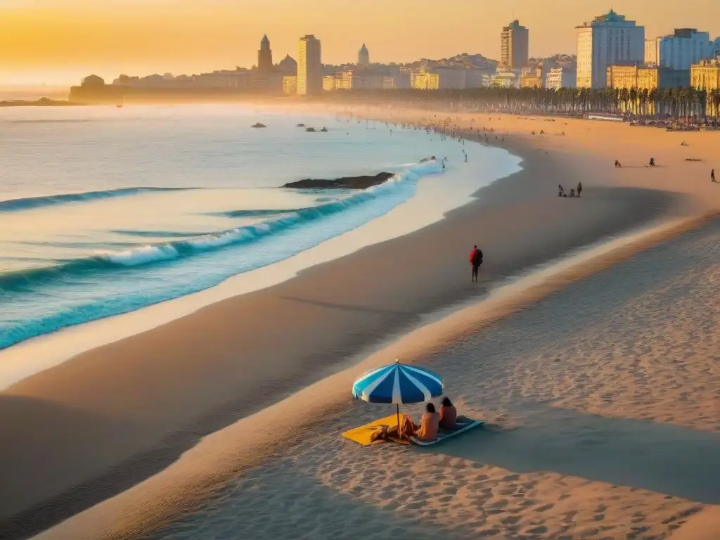 Playas urbanas Montevideo: atardecer vibrante en la Rambla con locales y turistas disfrutando de la playa