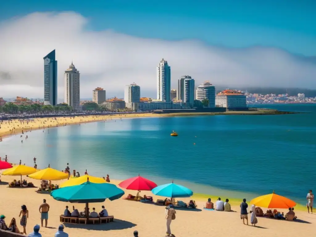 Playas urbanas Montevideo: diversidad, sol y mar en contraste con rascacielos, reflejando la vida urbana costera