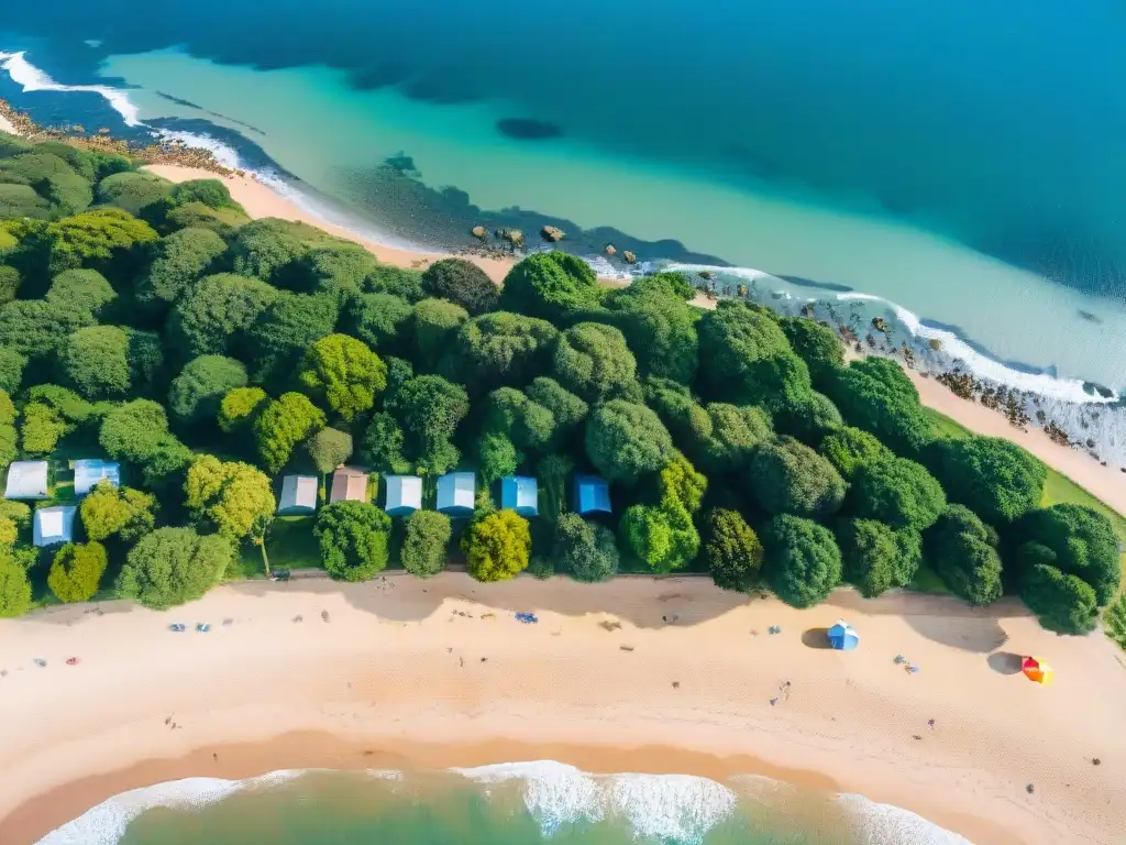 Playas vibrantes de Uruguay con parasoles coloridos y gente disfrutando del sol, eventos deportes aéreos Uruguay