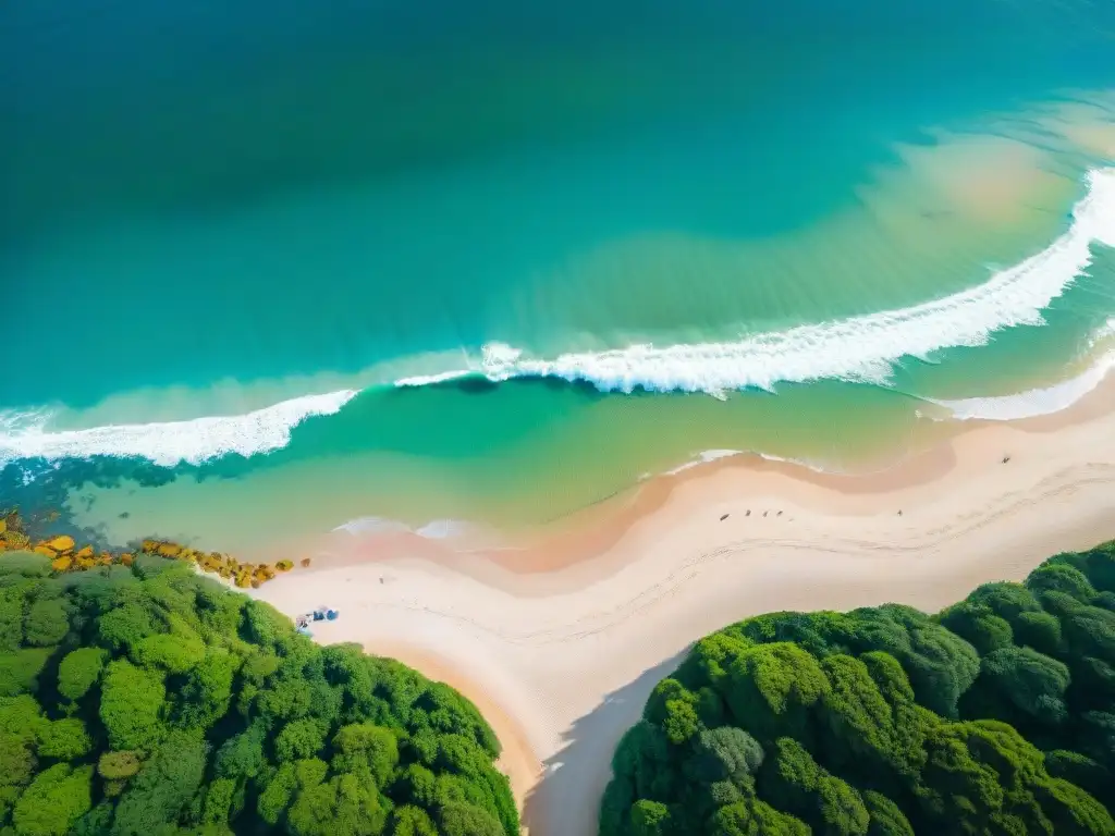 Playas vírgenes en Uruguay: conservacionista observa la costa, aguas turquesas y arena dorada, gaviotas sobrevuelan