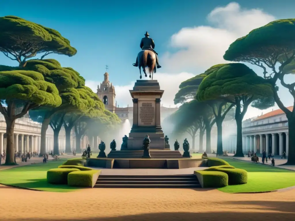 Plaza Independencia en Montevideo con estatua de Artigas y gente leyendo, reflejando la literatura uruguaya generación del 45