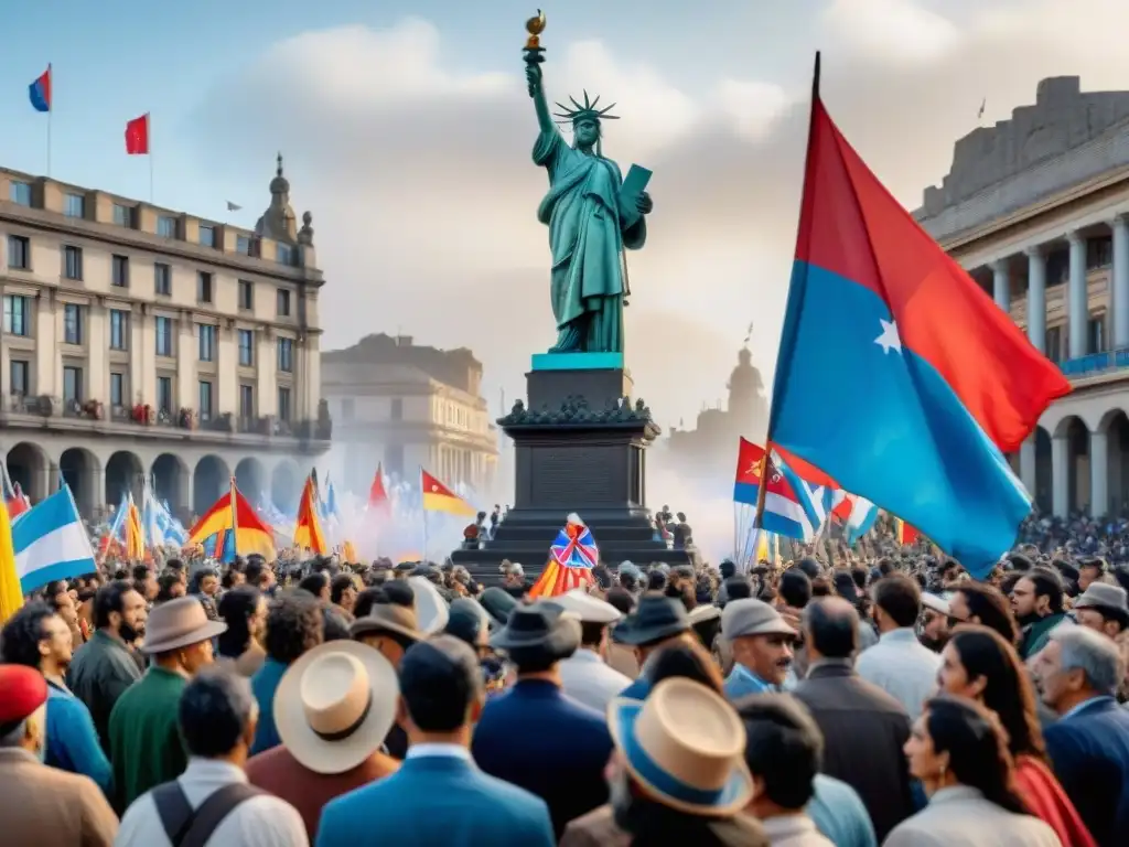 Celebración en Plaza Independencia, Semana de Artigas, homenaje al héroe de Uruguay con diversidad y orgullo nacional