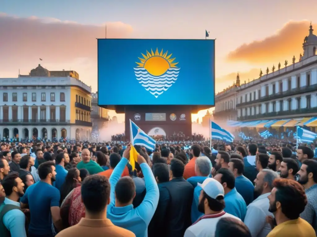 Plaza llena en Uruguay viendo fútbol en pantalla gigante