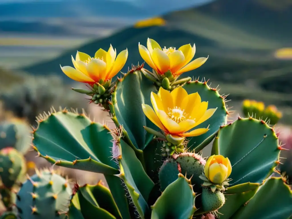 Un cactus Opuntia en plena floración destaca en el paisaje desértico de Uruguay